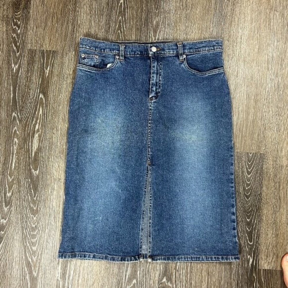 Vintage Old Navy 90s Y2K Denim Blue Jean Knee Length Skirt Size 10 Front Slit